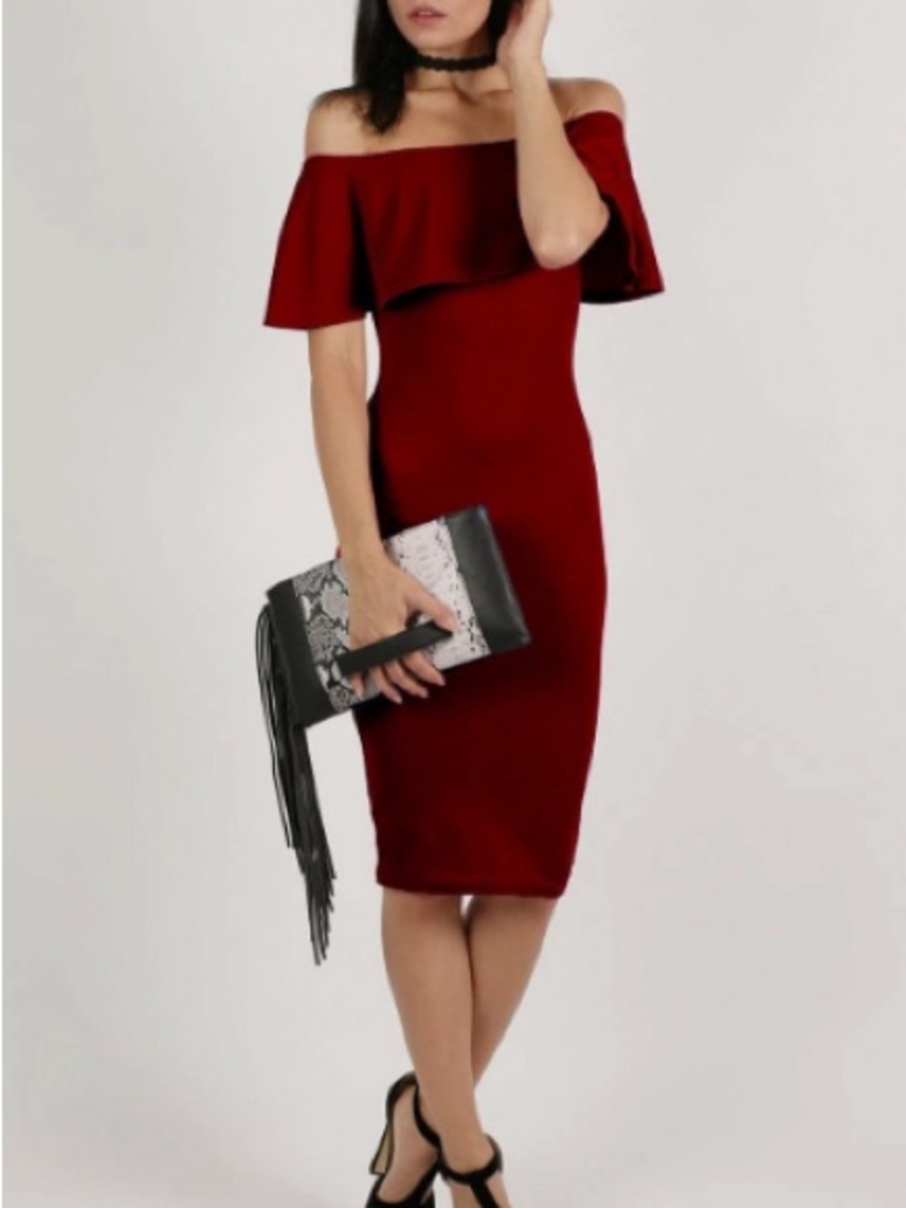 Off-Shoulder Ruffle Bodycon Dress in Deep Red - Picture 3 of 3
